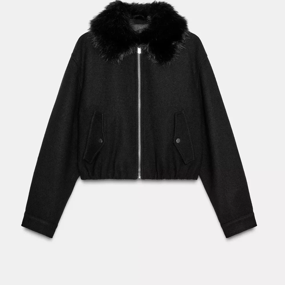 Zara Black Faux Fur Lapel Bomber Jacket - Picture 2 of 4
